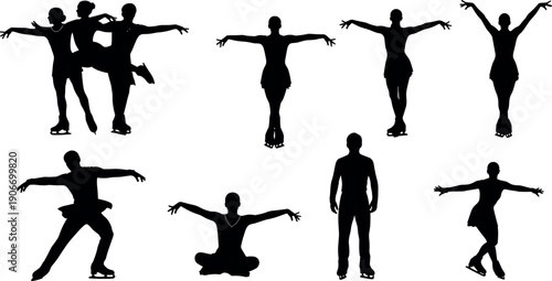 Professional Figure Skating Silhouettes Set Featuring Solo Male and Female Skaters and Pairs Performing Artistic Ice Dance Poses and Spins