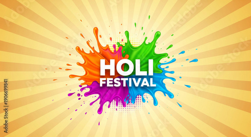 Colorful holi festival vector background with vibrant paint splash composition and radiant rays designed for celebration banner poster greeting card marketing and festive design use