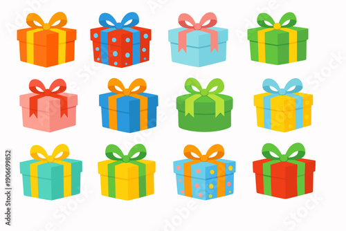 Set of 12 colorful flat gift box icons with ribbons and bows, isolated on white background. Great for present packaging, holiday shopping, birthday cards, and surprise celebration concept.