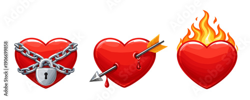 Three red heart icons showing locked love with chain and padlock, pierced heart bleeding from an arrow, and burning heart with flames. Romantic symbols for passion, breakup and jealousy.