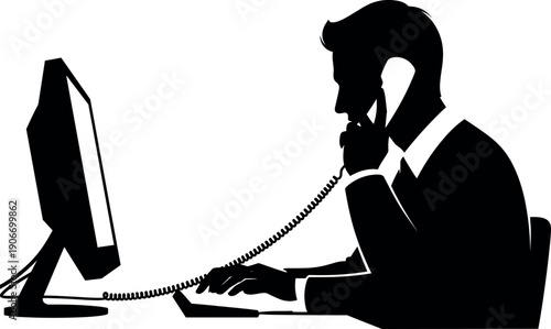 Professional male office worker silhouette sitting at desk using computer and talking on telephone handset for corporate business communication services.