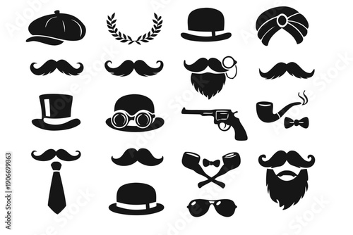 Vintage gentleman icon set with mustaches, beard, hats, glasses, monocle, tie, bowtie, pipe, cigar, laurel, and revolver. Black silhouette vector collection for retro dapper style themes.