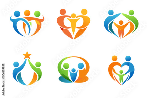 Colorful abstract people and family logo set forming hearts, circles and shields, isolated on white. Concept of teamwork, care, community, healthcare support, charity and protection.