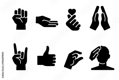 Black hand gesture silhouette set including raised fist, open palm, finger heart, praying hands, rock sign, thumbsup, pinch gesture, and salute. Communication and emoji style symbols.