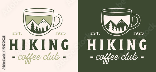 Hiking coffee club mountain forest landscape inside mug cup drawing funny hiker group trip shirt design. Retro vintage rustic green aesthetic hike lovers theme cafe shop sticker badge poster print.