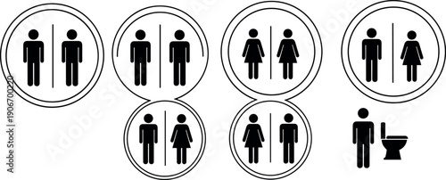Set of Gender Neutral and Binary Restroom Signage Icons Including Male Female All Gender Symbols and Toilet Silhouette for Public Facilities