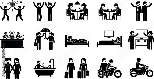 Set of lifestyle and social interaction pictograms showing people dancing, traveling, eating, sleeping, riding motorcycles, and sharing daily activities icons.