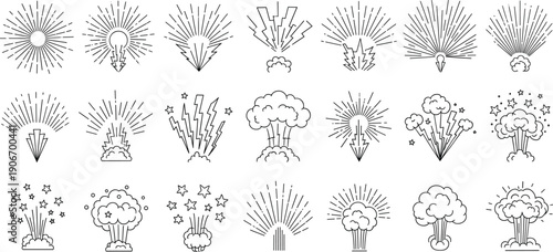 Black and White Comic Explosion Effects Set with Cartoon Blast Bursts, Smoke Clouds, Impact Frames and Dynamic Action Elements