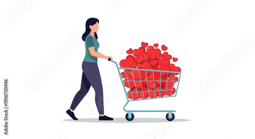 A woman pushing a shopping cart filled with red hearts on a white background, with a simple graphic design style.