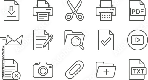 Linear vector icon set for office document management featuring print download pdf scissors email folder search camera paperclip and file editing for business