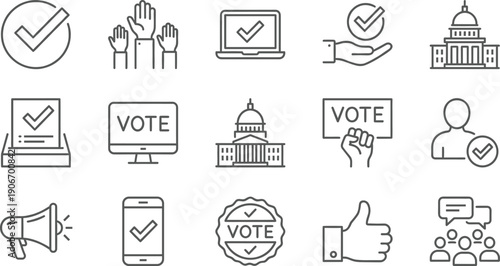 Linear vector icon set for voting and elections featuring ballot boxes government buildings vote signs raised hands megaphone and electronic mobile polling for democracy