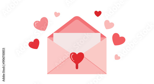 Flat design illustration of an open pink envelope with a red heart and surrounding smaller hearts on a white background.