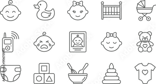 Linear vector icon set for baby and nursery care featuring happy infants rubber duck crib stroller teddy bear blocks diaper and newborn apparel