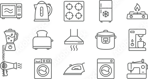 Linear vector icon set of household appliances including microwave kettle stove refrigerator blender toaster coffee maker washing machine and iron for home electronics