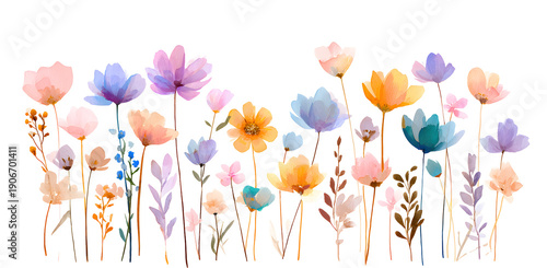 Dreamy watercolor wildflower field with delicate blossoms in pastel shades of purple orange blue and pink on transparent background for greeting card wedding invitation and floral decoration