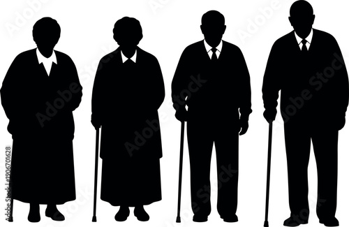 Silhouette vector illustration of elderly senior men and women standing with walking sticks in formal clothes isolated on white background