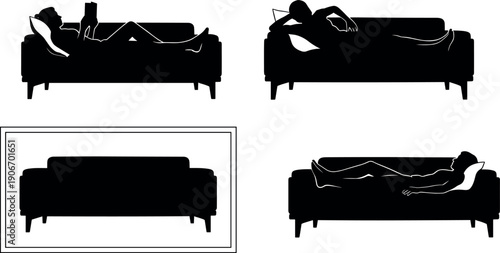 Silhouettes of People Relaxing on a Mid-Century Modern Sofa, Reading, Napping, and Reclining in Various Comfortable Home Leisure Poses
