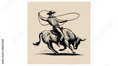 Dynamic vintage-style illustration of a cowboy roping a bull, inspired by classic wild west rodeo culture and hand-drawn engraving art.