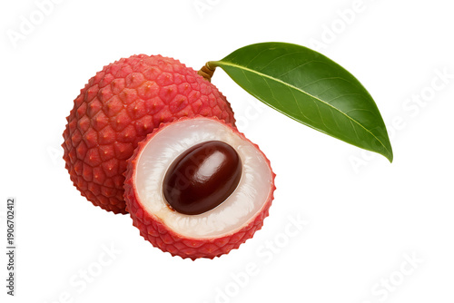 Fresh Pink Lychee with Opened Fruit and Seed Visible Isolated on a Transparent Background