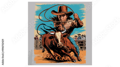 Dynamic vintage-style illustration of a cowboy roping a bull, inspired by classic wild west rodeo culture and hand-drawn engraving art.