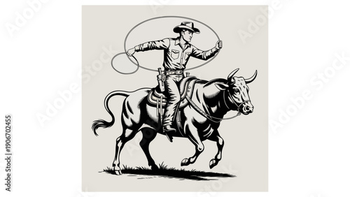 Dynamic vintage-style illustration of a cowboy roping a bull, inspired by classic wild west rodeo culture and hand-drawn engraving art.