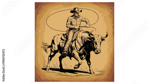 Dynamic vintage-style illustration of a cowboy roping a bull, inspired by classic wild west rodeo culture and hand-drawn engraving art.