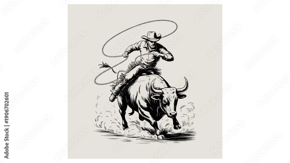 custom made wallpaper toronto digitalDynamic vintage-style illustration of a cowboy roping a bull, inspired by classic wild west rodeo culture and hand-drawn engraving art.