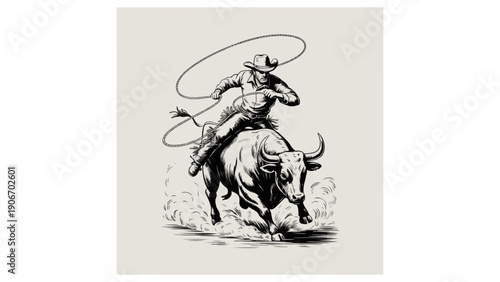Dynamic vintage-style illustration of a cowboy roping a bull, inspired by classic wild west rodeo culture and hand-drawn engraving art.