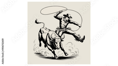 Dynamic vintage-style illustration of a cowboy roping a bull, inspired by classic wild west rodeo culture and hand-drawn engraving art.