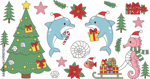 Christmas Ocean Vector Set with Dolphin, Seahorse, Tropical Tree, Gifts and Festive Marine Holiday Elements