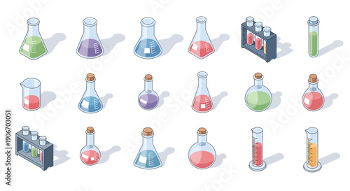 Isometric laboratory equipment illustration featuring various flasks and measuring instruments for