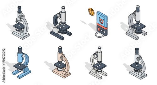 Isometric medical research: collection of stylized illustrations of scientific microscopes on white