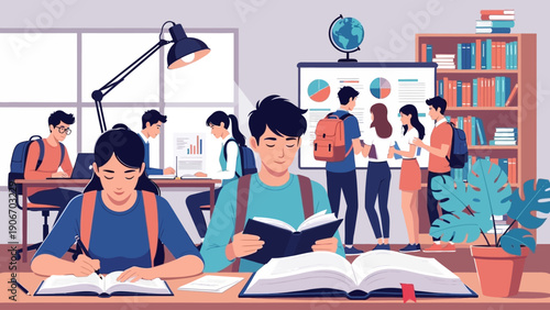 Students and business people sit together indoors in a classroom-style meeting, learning, discussing, and smiling as a group