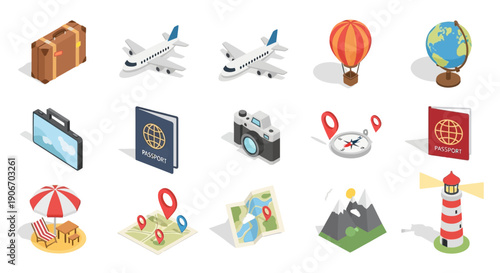 Isometric Travel Elements Set Depicting Journey Exploration and Holiday Adventures