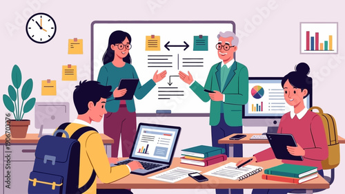 Business people working in office on laptops cartoon illustration