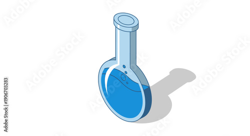Isometric view of a laboratory flask with blue liquid isolated on white background