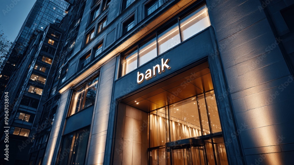 Obraz premium Modern bank building entrance illuminated at dusk with glowing sign and revolving doors