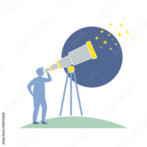 Man observing stars through telescope on grassy hill at night  