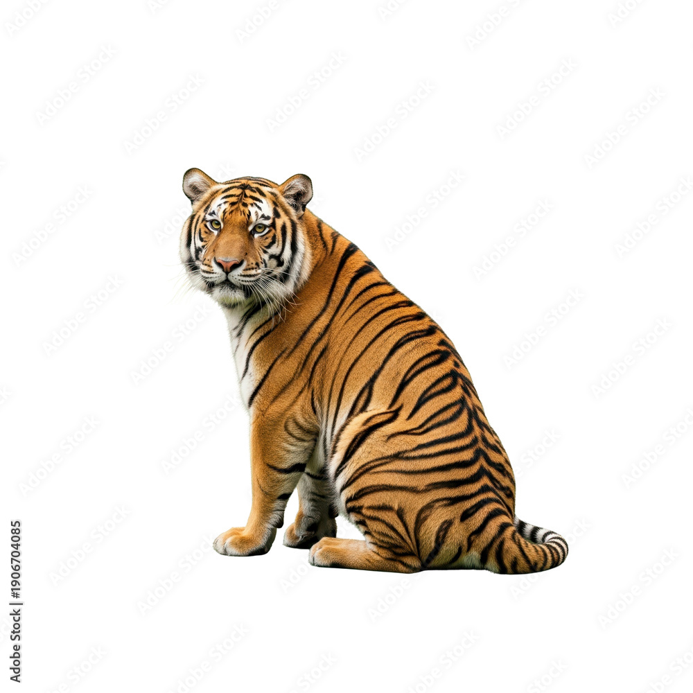 Fototapeta premium Tiger sitting and looking at camera isolated on transparent background