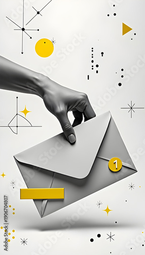 Trendy halftone collage hand holding closed envelope with one notification, new message or email concept, online communication, social media marketing, contemporary vector illustration art