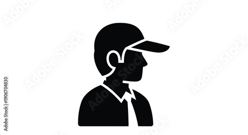 Simple black silhouette of a person wearing a cap and collared shirt
