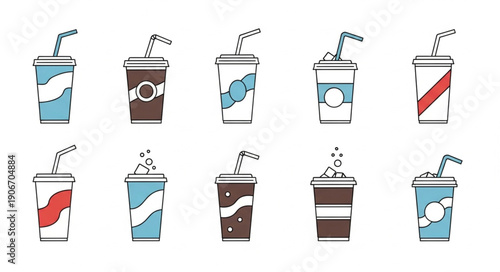 Collection of ten colorful disposable cups with straws.