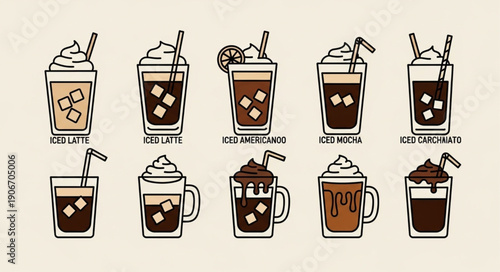 Collection of ten different iced coffee drinks with straws and whipped cream.