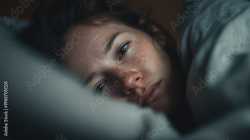 National Chronic Fatigue Syndrome Awareness Month:a person lying awake in bed during daytime, eyes open, soft diffused light through curtains, neutral tones, calm but heavy atmosphere
