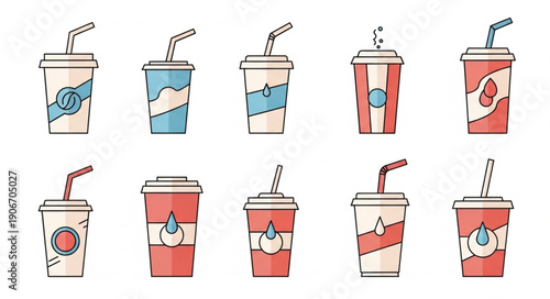 Collection of ten disposable paper cups with straws for drinks.
