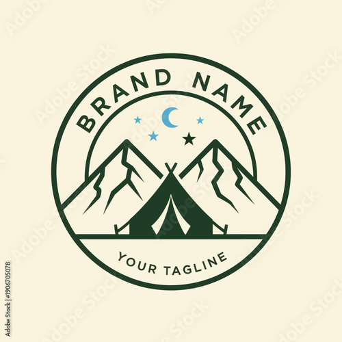 Camping Logo with Mountains and Stars.
