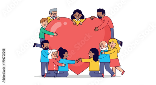 Diverse group of people gathered around and supporting a large red heart on a white background with a sense of unity and care.