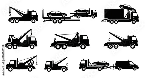 Collection of Tow Truck Silhouettes and Car Transport Vehicles.