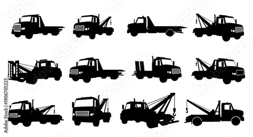 Collection of Tow Truck Silhouettes Vector Illustration.