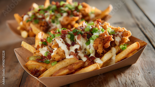 Loaded fries with crispy chicken bacon and creamy sauce in tray